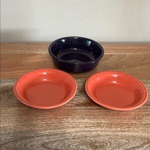 Fiestaware Set of (2) Coral Fruit Bowls and 1 deep purple cereal Bowl